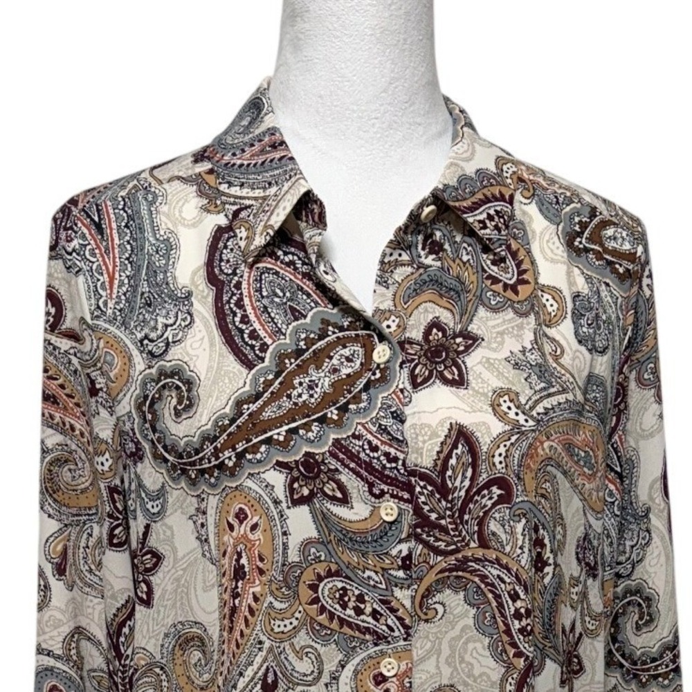 Susan Graver Blouse Women 8 Small Tan Paisley Button Up Long Sleeve Collared Top
